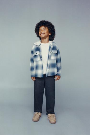 FLEECE HOODED CHECK OVERSHIRT - Blue by Zara