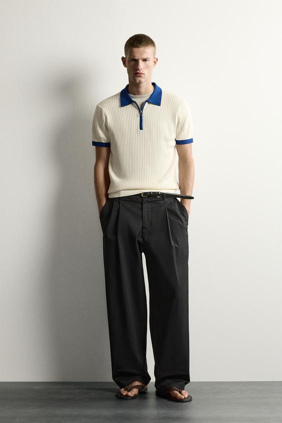 COLOUR BLOCK ZIP KNIT POLO SHIRT - Ecru by Zara - Image 0