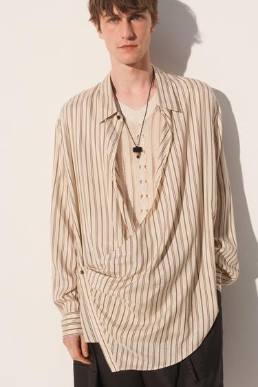 VISCOSE-SILK STRIPED WRAP SHIRT - Sand by Zara