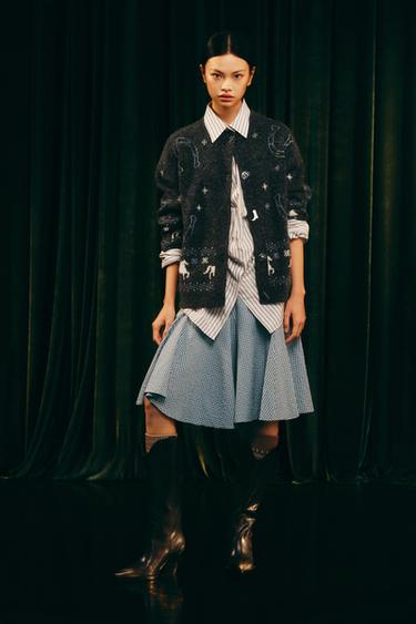 GINGHAM GODET MIDI SKIRT - Brown-Blue by Zara