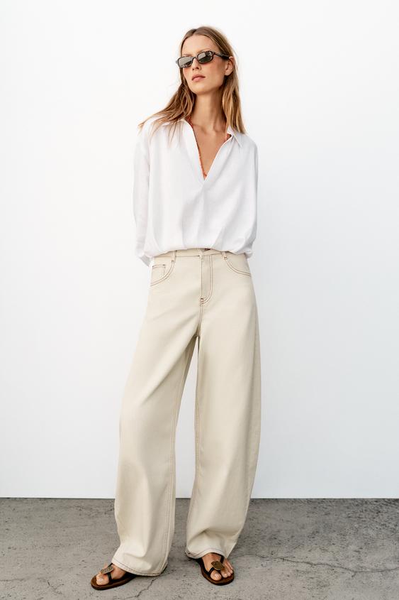 LINEN BLEND SHIRT WITH PUFF HEM - White by Zara - Image 0