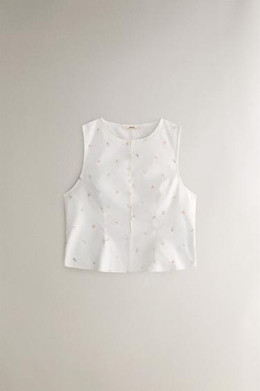 COTTON TOP WITH EMBROIDERED LILIES - White by Zara