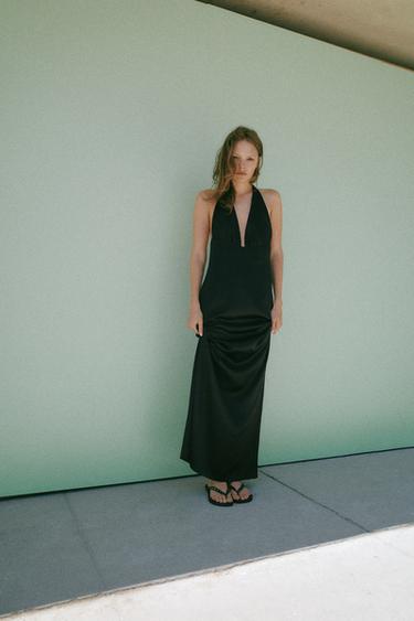 LONG SATIN HALTER DRESS - Black by Zara