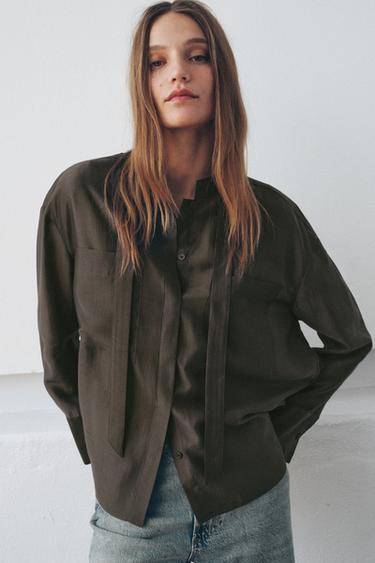 SHIRT WITH POCKETS AND BOW ZW COLLECTION - Brown / Taupe by Zara
