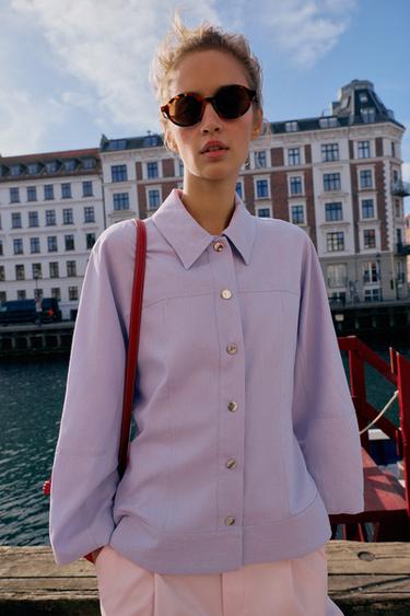 LINEN BLEND JACKET WITH PUFF SLEEVES - Mauve by Zara