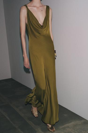 ZW COLLECTION LONG SATIN DRESS - Olive green by Zara