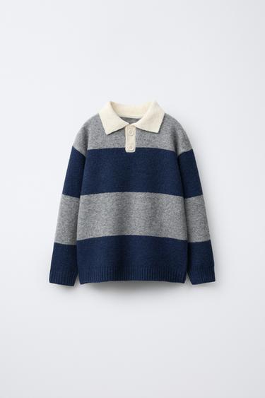 STRIPED KNIT POLO SWEATER - Grey / Blue by Zara