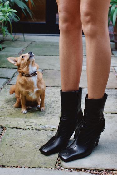 LEATHER HIGH-HEEL ANKLE BOOTS WITH SQUARE TOE - Black by Zara
