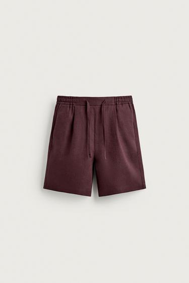 100% LINEN RELAXED FIT BERMUDA SHORTS - Burgundy by Zara