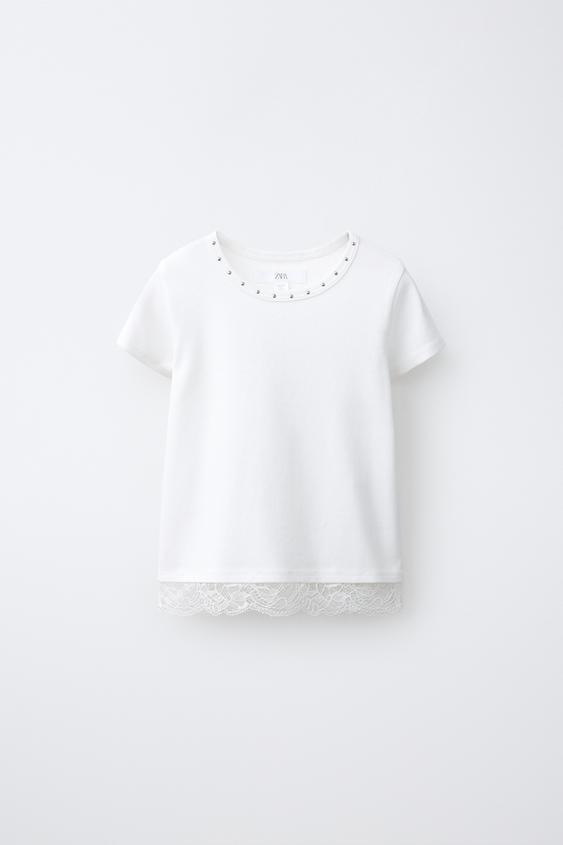 T-SHIRT WITH STUDS AND LACE HEM - White by Zara - Image 0