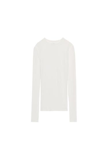 COTTON LONG SLEEVE T-SHIRT - Oyster-white by Zara
