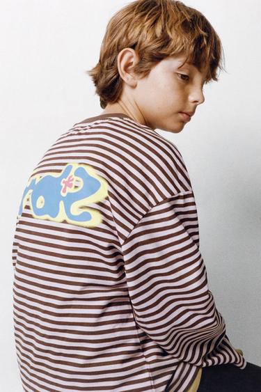 STRIPED T-SHIRT WITH EMBROIDERED SLOGAN - Pink by Zara