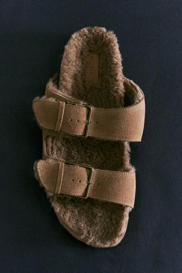 WARM SPLIT LEATHER DOUBLE-BUCKLE SANDALS - Taupe Grey by Zara