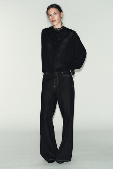 EMBROIDERED LONG SLEEVE TOP - Black by Zara