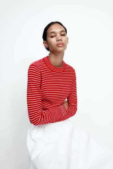 STRIPED KNIT CROPPED SWEATER - Red / White by Zara