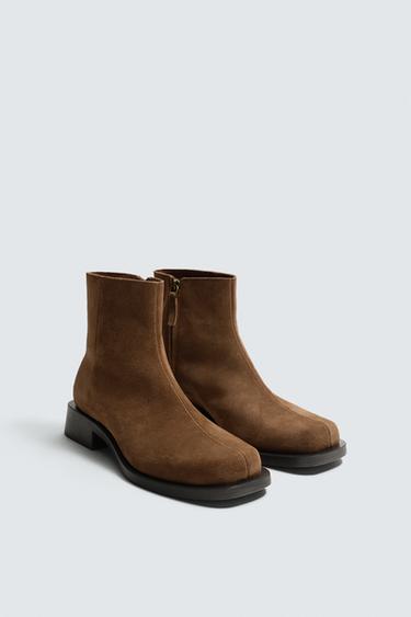 LEATHER BOOTS WITH TOPSTITCHING - Brown by Zara