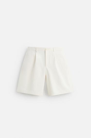 COTTON-LINEN PLEATED BERMUDA SHORTS - White by Zara