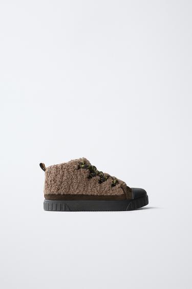 FAUX SHEARLING HIGH-TOP SNEAKERS - Brown by Zara