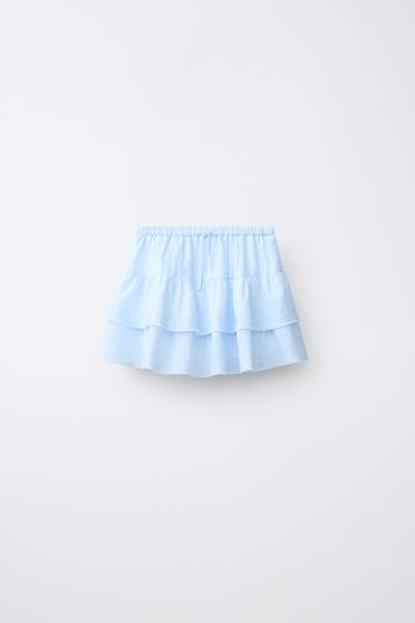 RUFFLED LINEN BLEND SKIRT - Blue/White by Zara