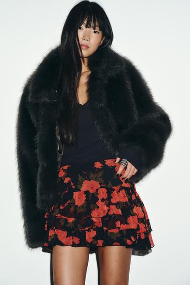 SHORT FAUX FUR COAT WITH TOGGLES - Dark charcoal grey by Zara
