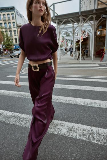 SATIN BELTED BALLOON TOP AND TROUSERS SET - VANILLA-BLACK by Zara - Image 0