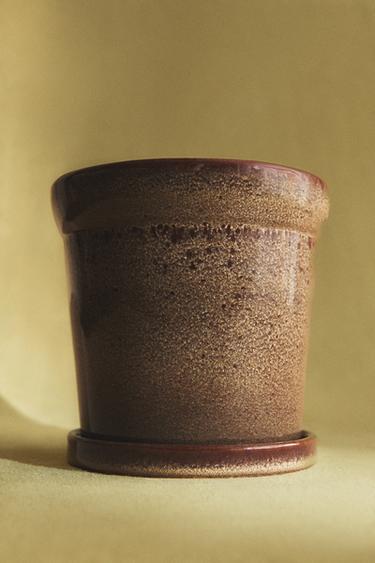STONEWARE GARDEN POT AND PLATE - Brown by Zara