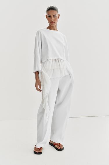 CONTRAST T-SHIRT WITH RUFFLES - White by Zara
