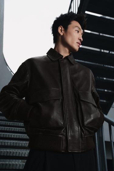 RELAXED FIT LEATHER JACKET - Brown by Zara