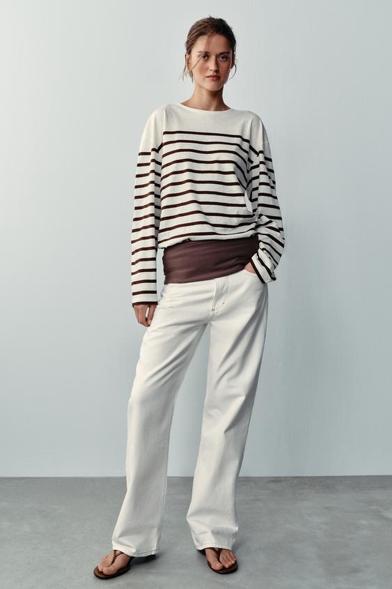 STRIPED COTTON AND LINEN T-SHIRT - Ecru / Brown by Zara - Image 0