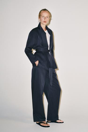 ZW COLLECTION LINEN BLEND BELTED BLAZER - Navy blue by Zara