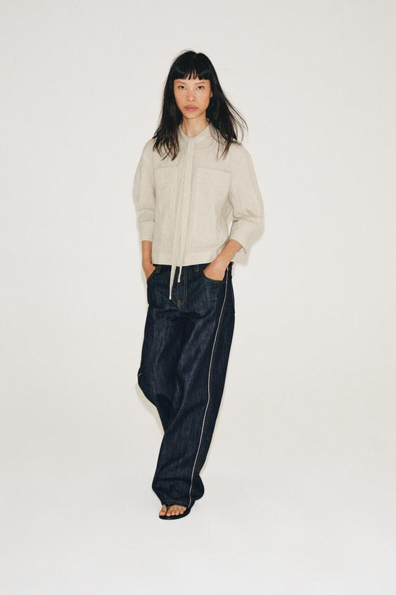 ZW COLLECTION LINEN BLEND SHIRT WITH TIE DETAIL - Beige by Zara - Image 0