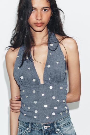 RUSTIC BEADED HALTER TOP - Blue by Zara