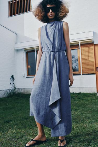 LINEN BLEND SLEEVELESS MIDI DRESS - Faded blue by Zara