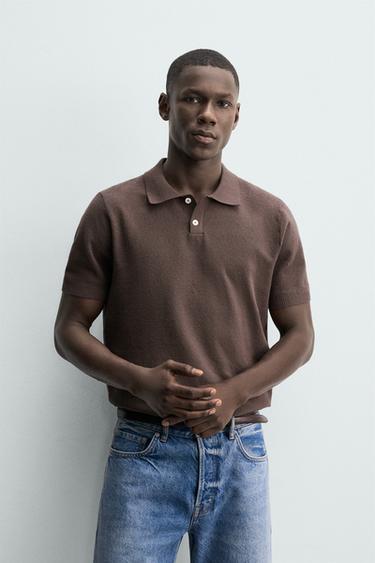 REGULAR FIT TEXTURED KNIT POLO SHIRT - Brown by Zara
