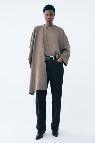 SHORT KNITTED COAT WITH SCARF - Brown / Taupe by Zara - Image 0
