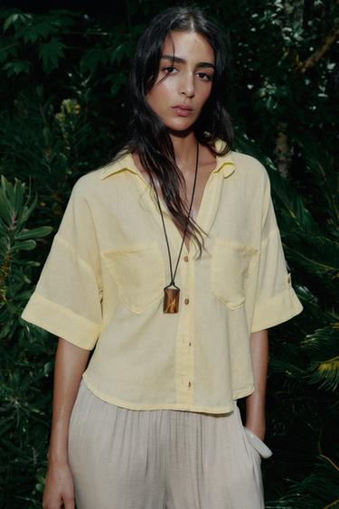 CROPPED LINEN BLEND SHIRT - Yellow by Zara
