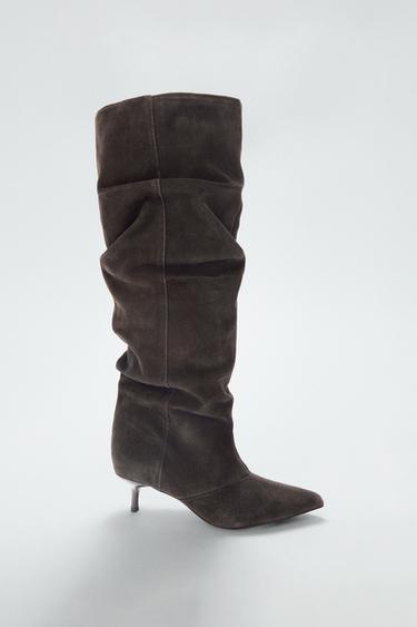 SPLIT SUEDE KITTEN HEEL BOOTS - Brown by Zara