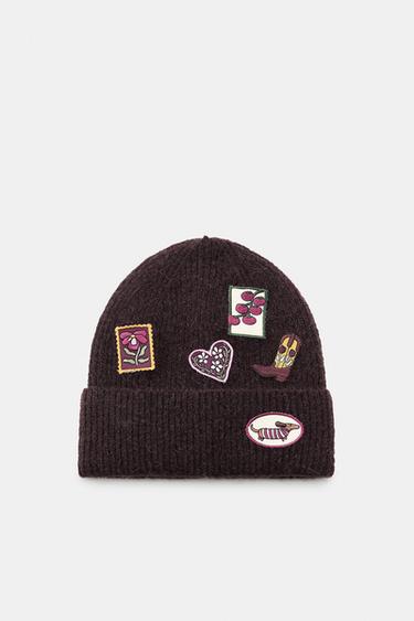 KNIT BEANIE WITH PATCHES - Brown by Zara