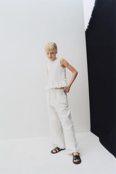 LINEN BLEND WIDE-LEG TROUSERS - White by Zara