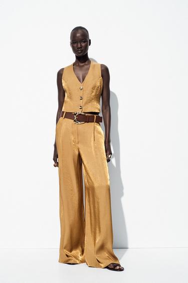 SATIN WIDE-LEG TROUSERS WITH BELT - Golden by Zara - Image 0