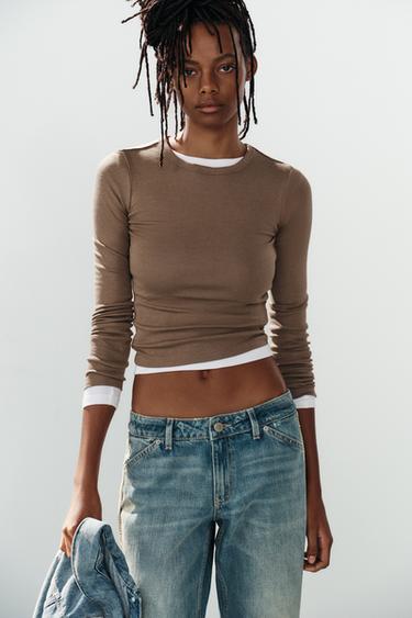 COTTON LONG SLEEVE T-SHIRT - Brown by Zara