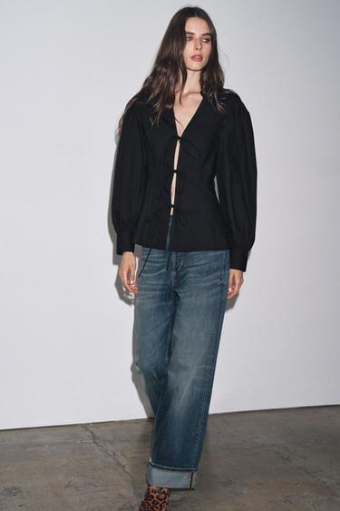 POPLIN SHIRT WITH TIED DETAILS ZW COLLECTION - Black by Zara - Image 0