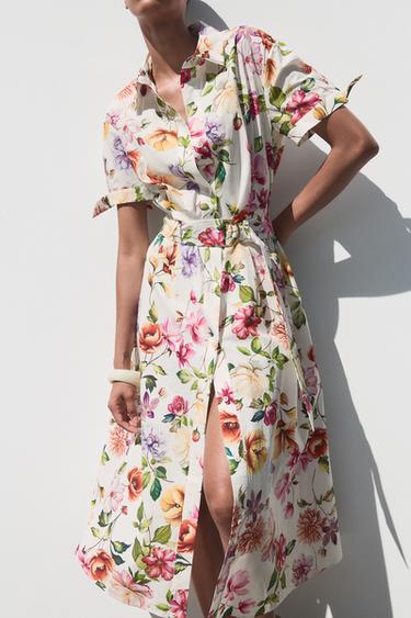 PRINTED POPLIN MIDI DRESS - Multicoloured by Zara