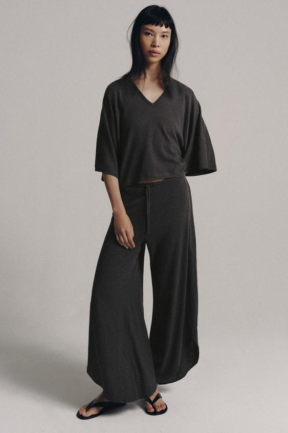 LINEN BLEND V-NECK T-SHIRT - Charcoal by Zara - Image 0