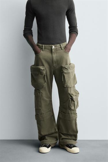DENIM CARGO TROUSERS WITH POCKETS - Green by Zara