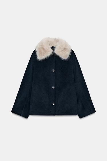 WOOL JACKET WITH FAUX FUR COLLAR ZW COLLECTION - Navy blue by Zara