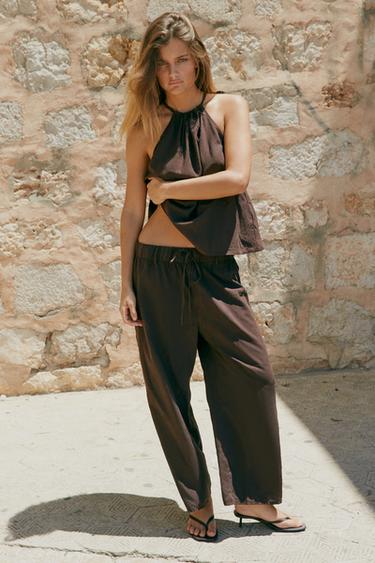 FLOWING CROP TROUSERS - Brown by Zara
