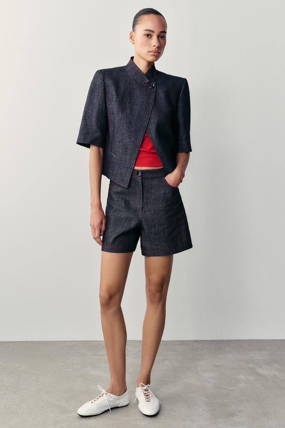 CONTRAST STITCH LINEN BLEND SHORT SLEEVE BLAZER - Indigo by Zara - Image 0