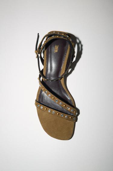 SPLIT SUEDE STUDDED KITTEN HEEL SANDALS - Olive Green by Zara