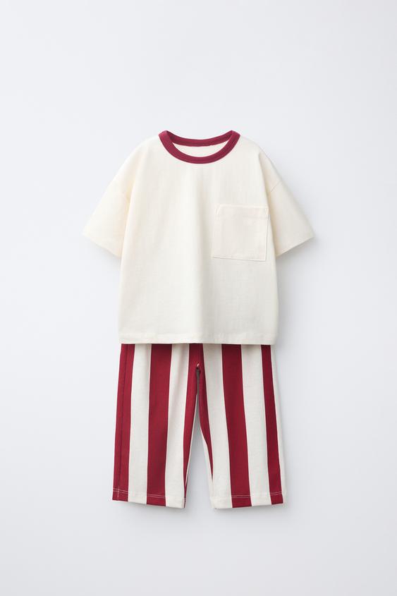 STRIPED T-SHIRT AND TROUSERS JOGGING SET - Red by Zara - Image 0